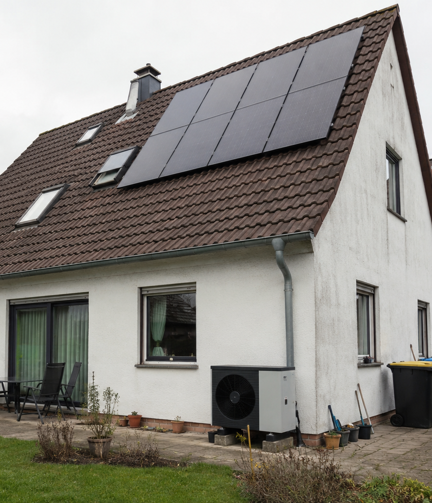 Photovoltaik und Wärmepumpe Kombination auf Wohnhaus in Deutschland realistische Installation